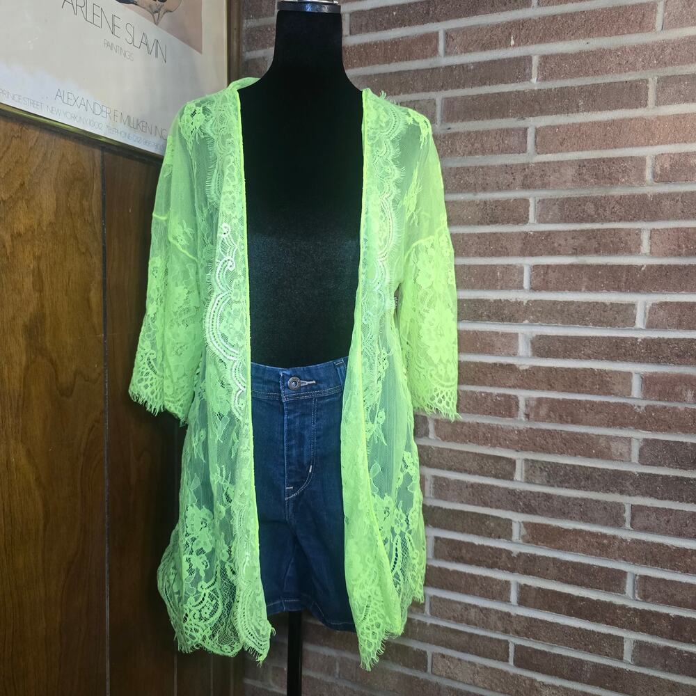 Avidlove Neon Green Sheer Floral Lace Kimono Robe Cardigan Festival Coverup